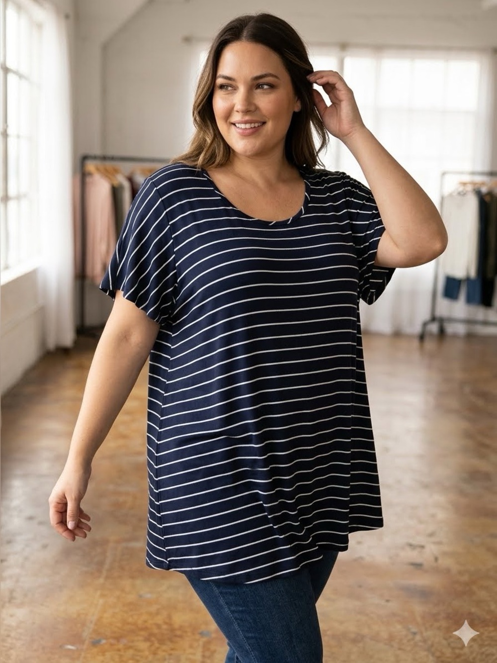 Flutter Sleeve Lace-up Swing Top  Olivia Sky Navy and White Striped Plus XXL
